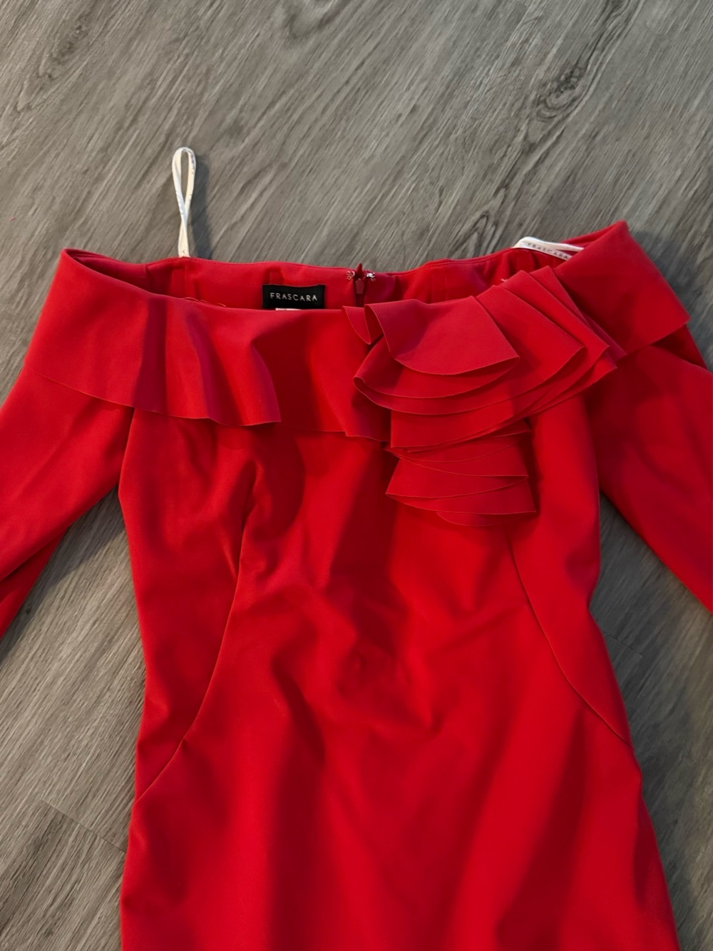 Frascara Red Off-Shoulder Midi Dress with Ruffle Detail